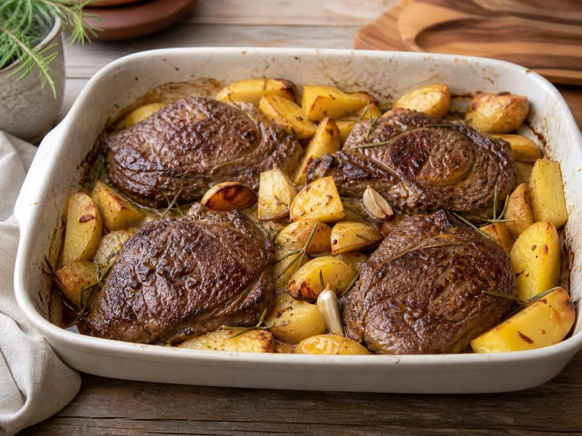 Biftek Viçi me Patate në Furrë - recetë tradicionale shqiptare mish & peshk nga Shqipëri