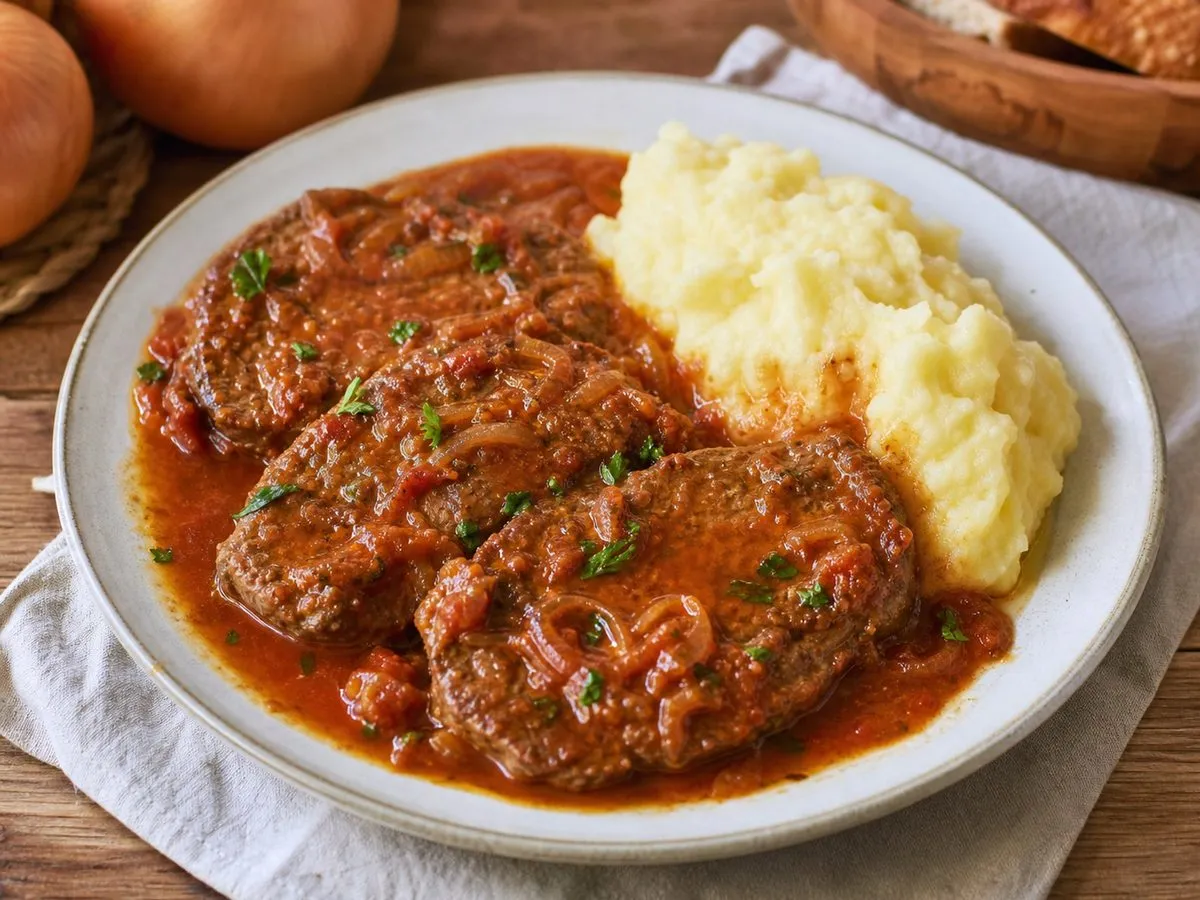 Biftek Viçi me Salcë Qepësh dhe Domate - recetë tradicionale shqiptare salcë & turshi nga Shqipëri