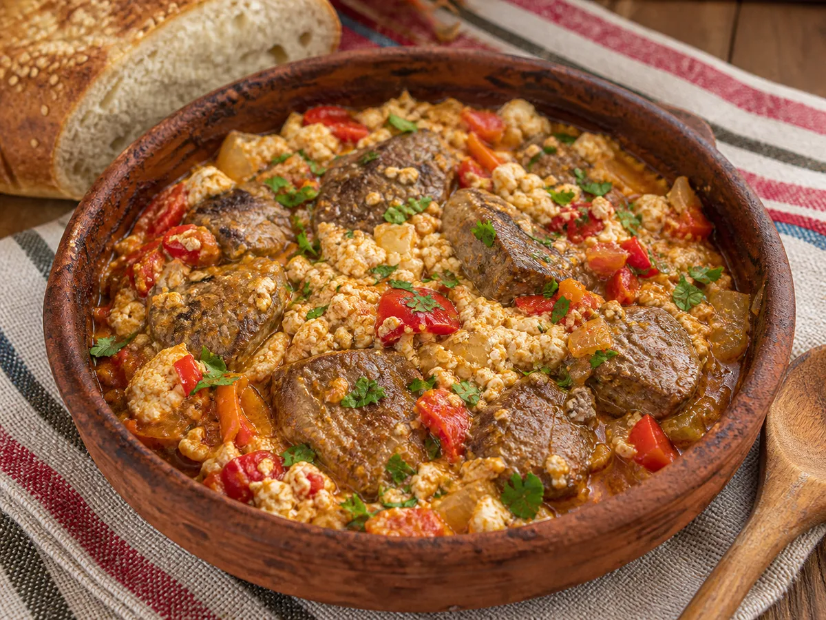 Fërgesë Tiranase me Mëlçi, Speca dhe Gjizë - recetë tradicionale shqiptare tavë nga Tiranë, Shqipëri