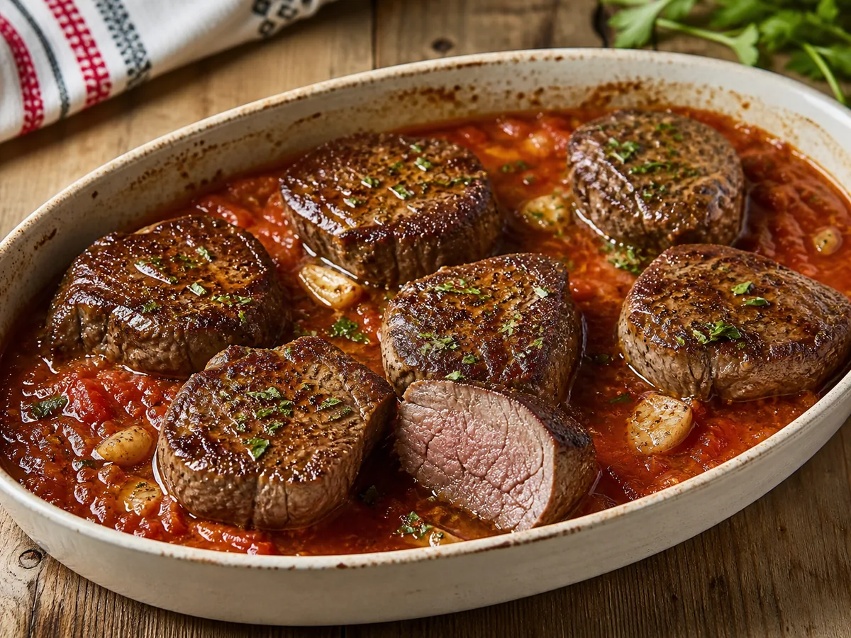 Fileto Viçi në Tavë me Salcë Domate dhe Hudhër - recetë tradicionale shqiptare mish & peshk