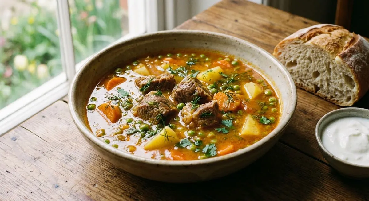 Gjelle me Bizele dhe Mish - recetë tradicionale shqiptare perimet nga Fier