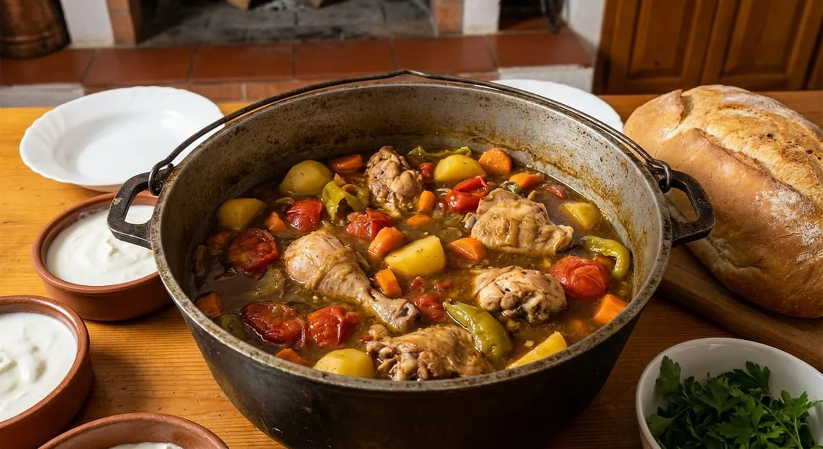 Gjelle me Mish Pule dhe Perime - recetë tradicionale shqiptare perimet nga Tirane