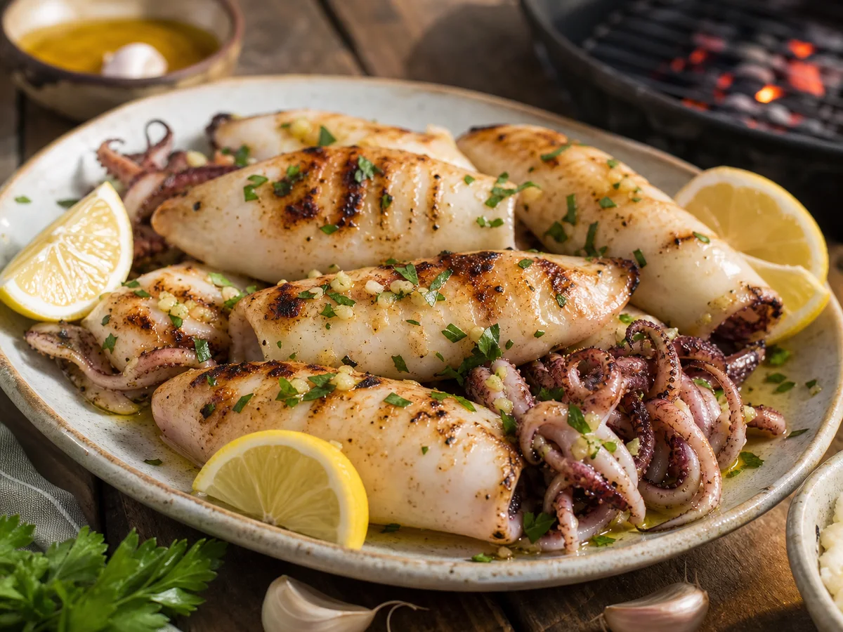 Kallamar në Zgarë me Limon dhe Hudhër - Recetë tradicionale shqiptare