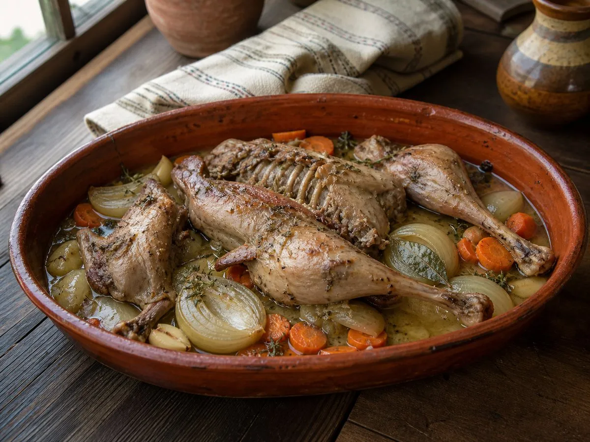 Lepur i Egër në Tavë me Verë dhe Perime - recetë tradicionale shqiptare mish & peshk