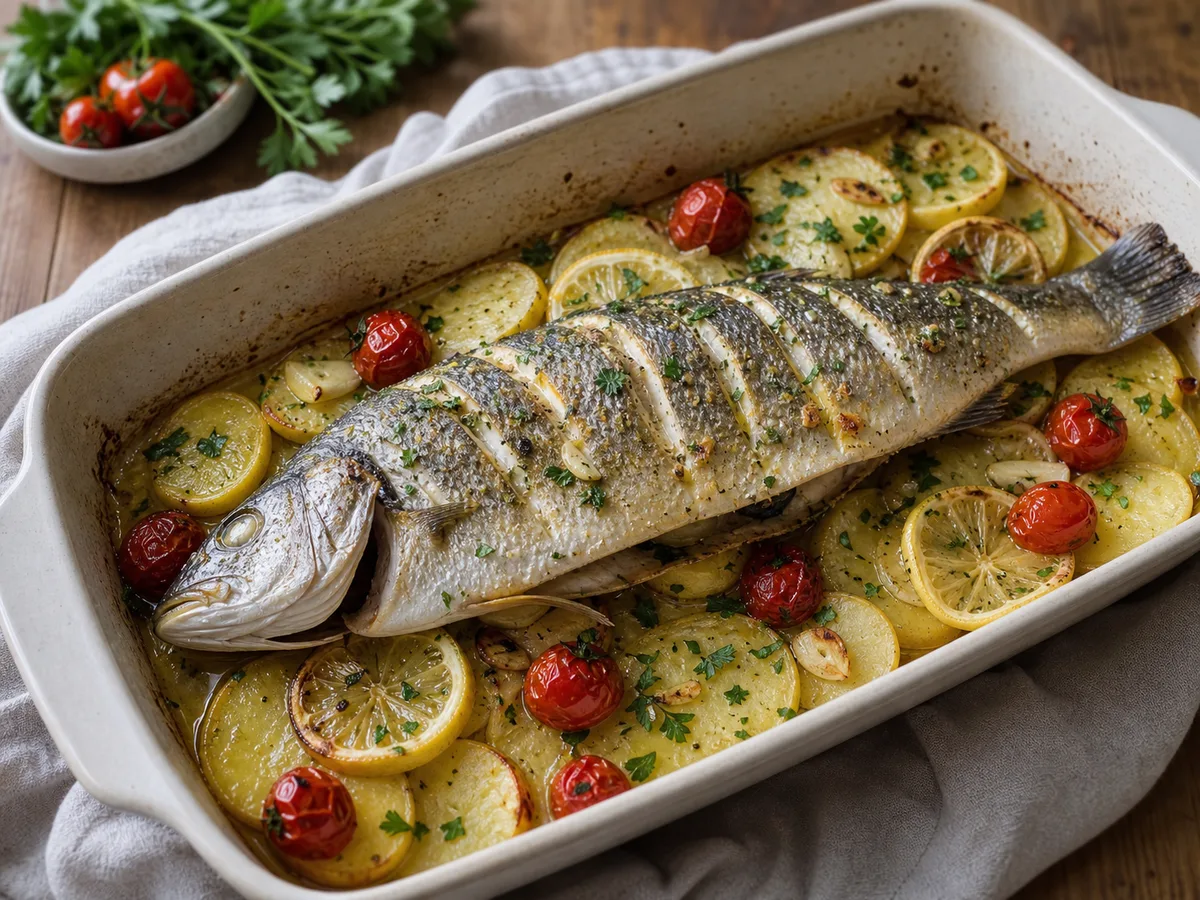 Levrek në Furrë me Patate, Limon dhe Hudhër - Recetë tradicionale shqiptare