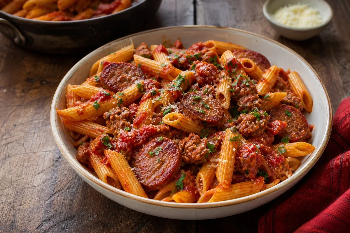 Makarona me Salçiçe dhe Salcë Domate - recetë tradicionale shqiptare buka & brumëra