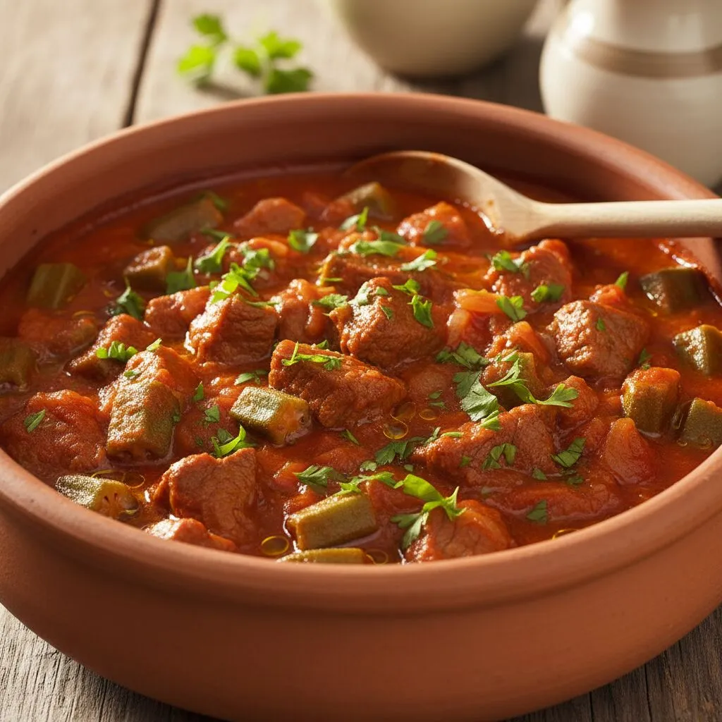 Mish me Bamje - Gjelle Tradicionale Vere ne Tenxhere - recetë tradicionale shqiptare mish & peshk nga Berat