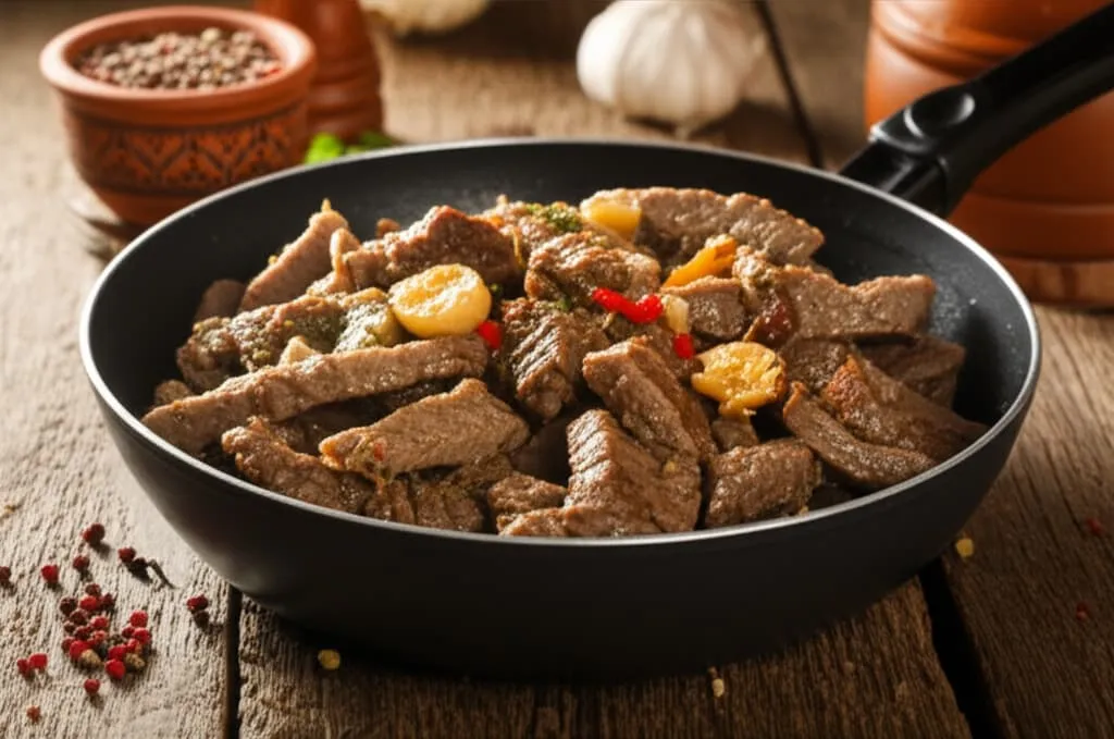 Mish Viçi me Hudhër në Tigan - recetë tradicionale shqiptare mish & peshk