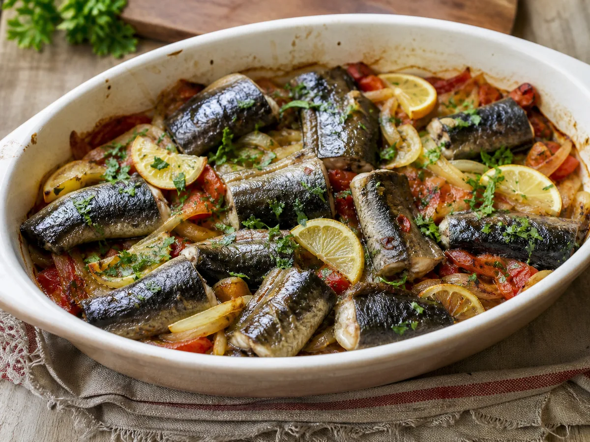 Ngjala Deti në Furrë me Qepë, Domate dhe Limon - Recetë tradicionale shqiptare