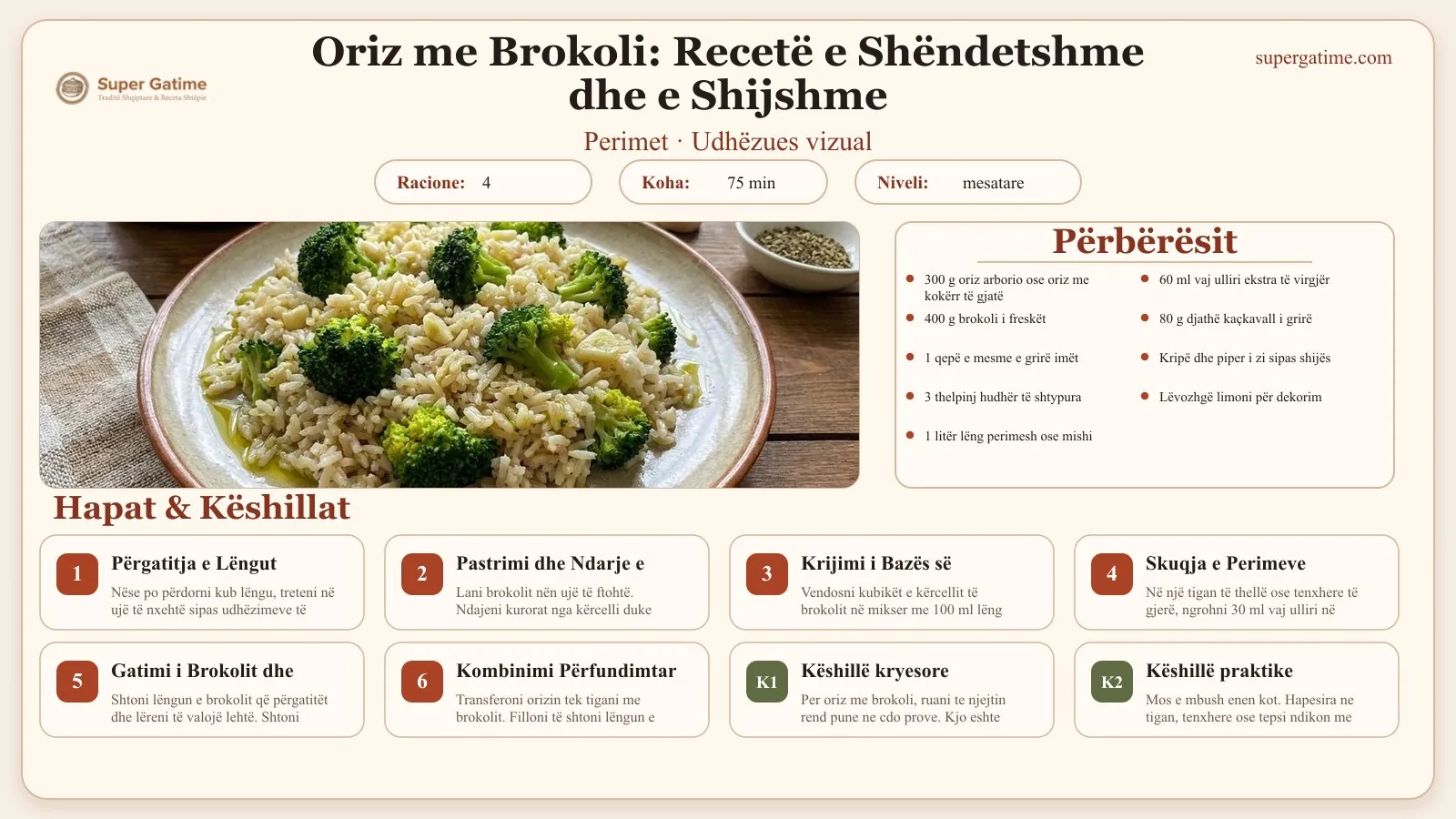 Udhëzues vizual për recetën Oriz me Brokoli: Recetë e Shëndetshme dhe e Shijshme: përbërësit, hapat dhe këshilla kryesore.
