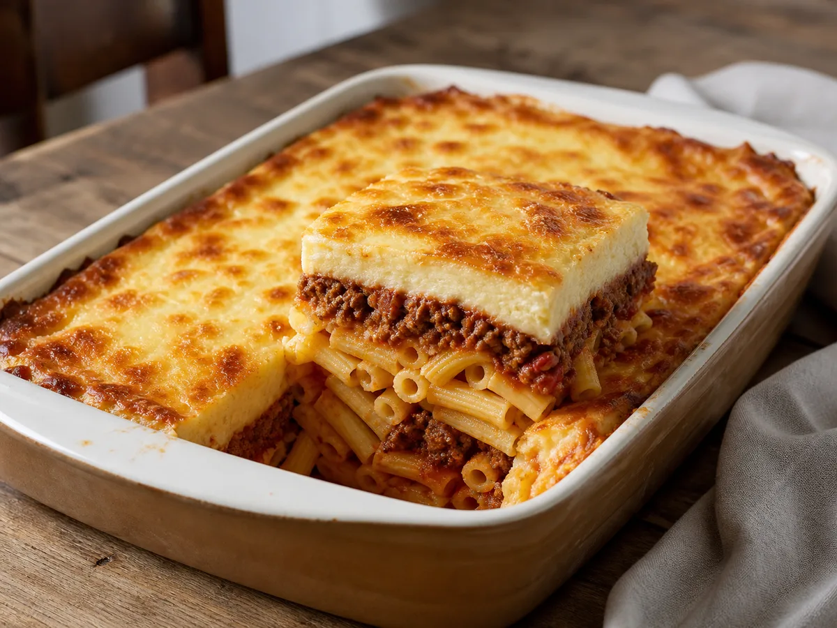 Pastiçe me Mish të Grirë dhe Beshamel në Furrë - recetë tradicionale shqiptare mish & peshk