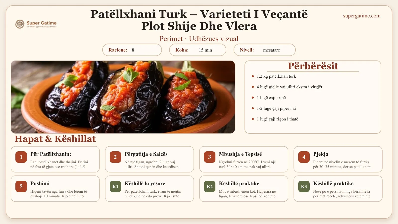 Udhëzues vizual për recetën Patëllxhani Turk – Varieteti I Veçantë Plot Shije Dhe Vlera: përbërësit, hapat dhe këshilla kryesore.