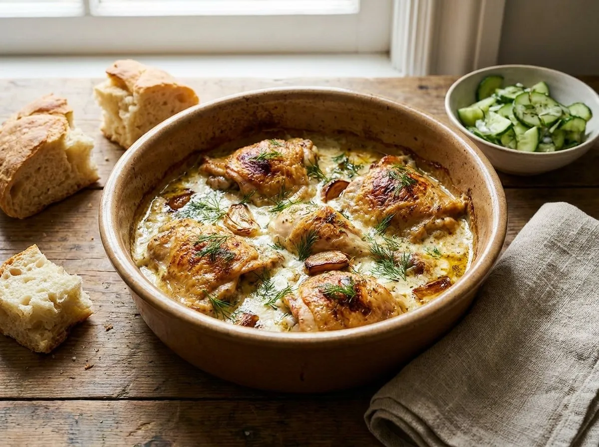 Pulë me Kos dhe Hudhër në Furrë - Recetë tradicionale shqiptare