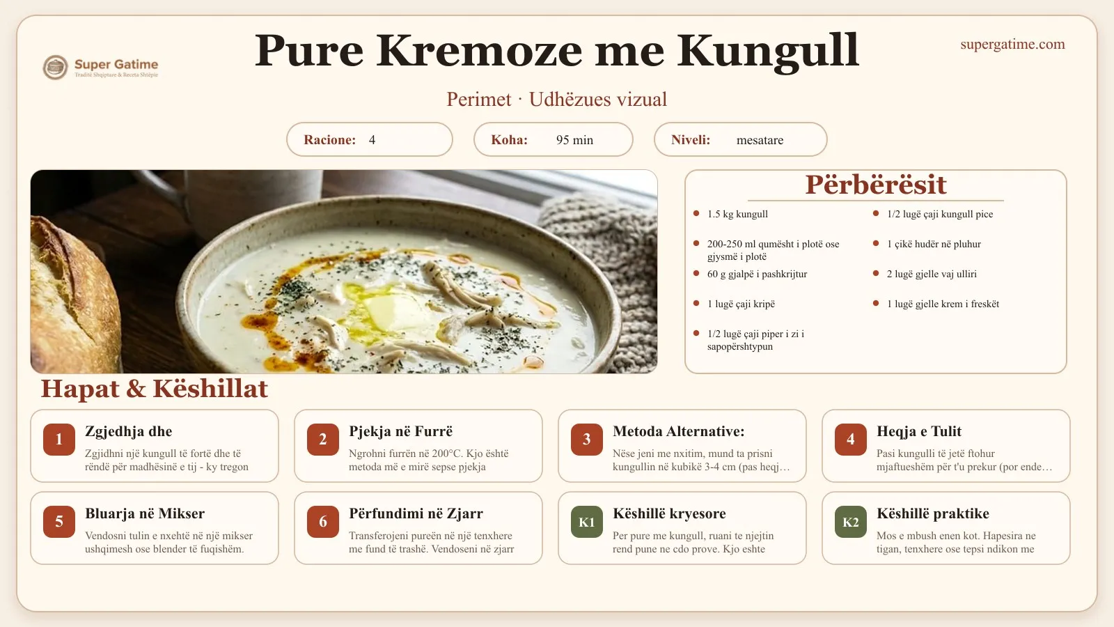 Udhëzues vizual për recetën Pure Kremoze me Kungull: përbërësit, hapat dhe këshilla kryesore.