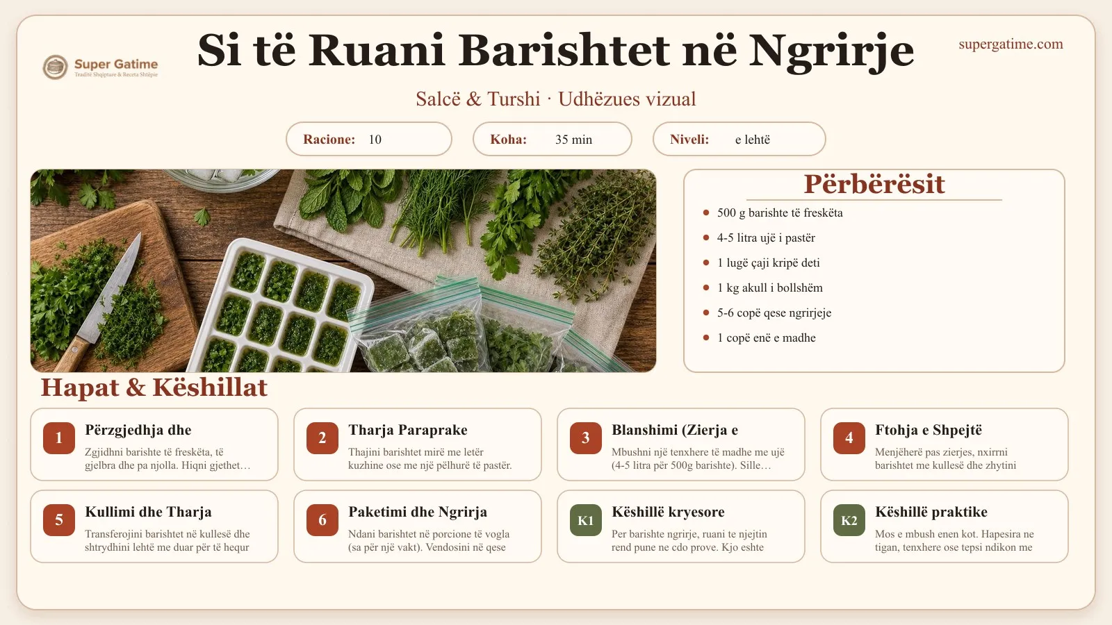 Udhëzues vizual për recetën Si të Ruani Barishtet në Ngrirje: përbërësit, hapat dhe këshilla kryesore.