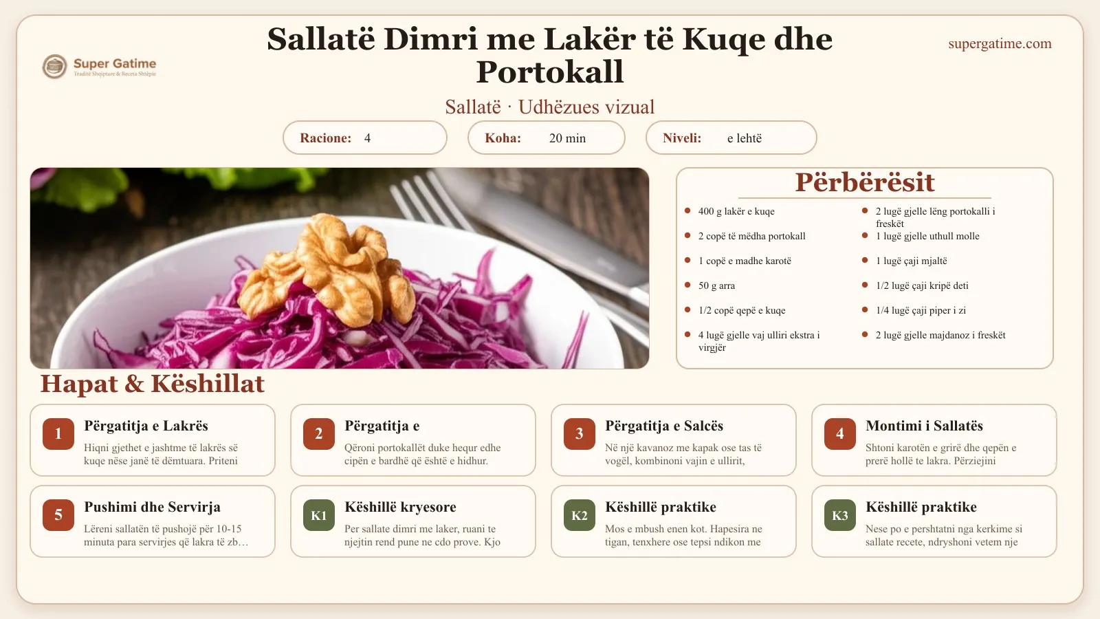 Udhëzues vizual për recetën Sallatë Dimri me Lakër të Kuqe dhe Portokall: përbërësit, hapat dhe këshilla kryesore.