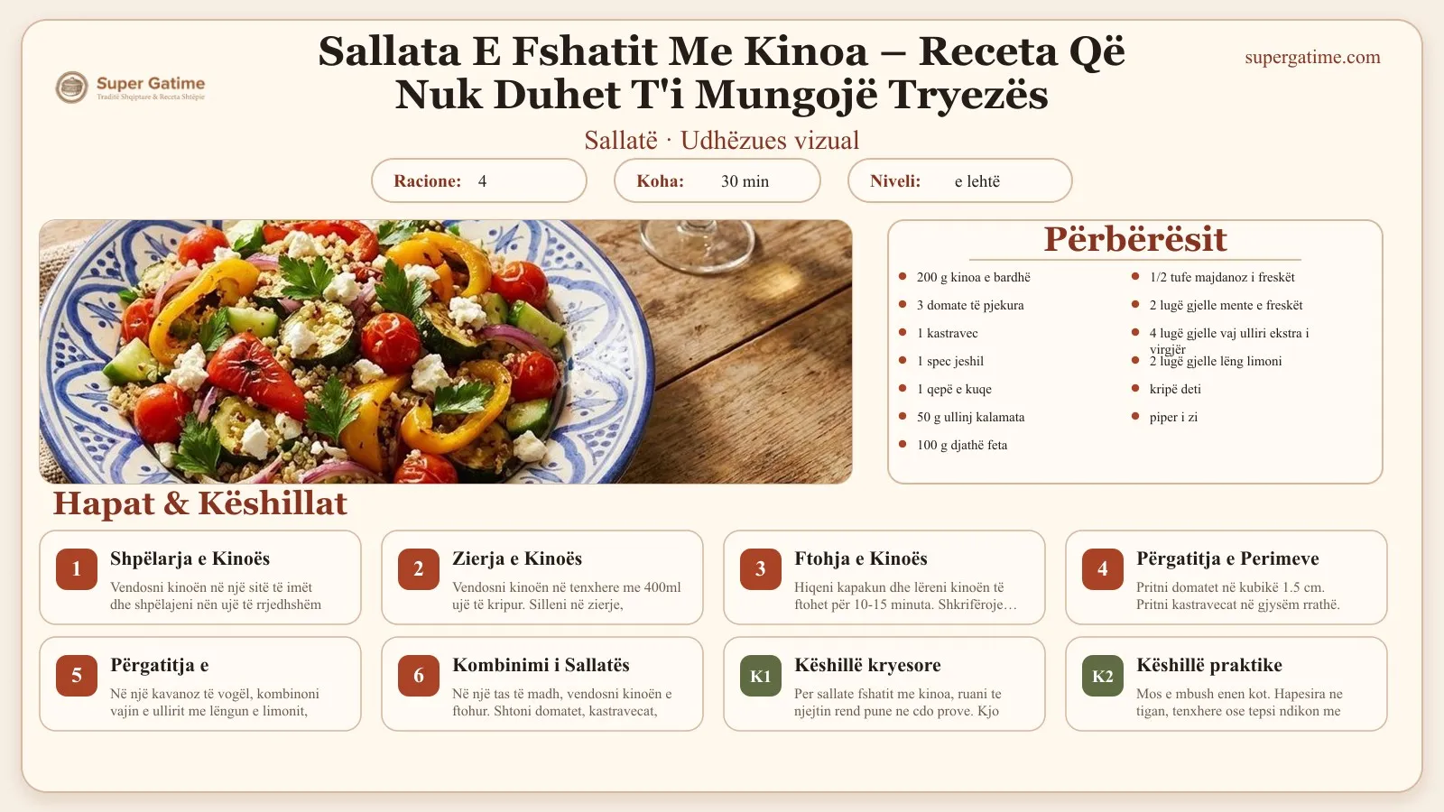 Udhëzues vizual për recetën Sallata E Fshatit Me Kinoa – Receta Që Nuk Duhet T'i Mungojë Tryezës: përbërësit, hapat dhe këshilla kryesore.