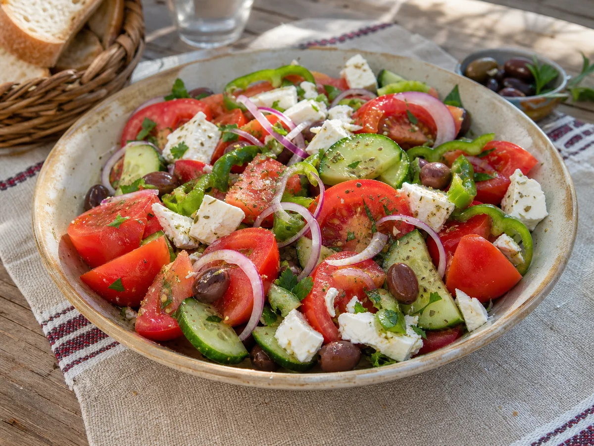 Sallatë Fshati me Domate, Kastravec dhe Djathë - recetë tradicionale shqiptare sallatë nga Shqipëri