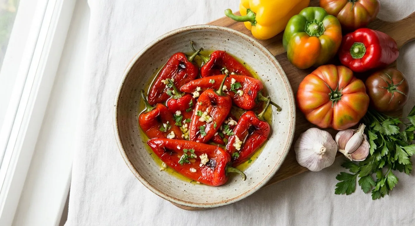 Speca Kapia të Pjekur me Hudhra - Recetë tradicionale shqiptare