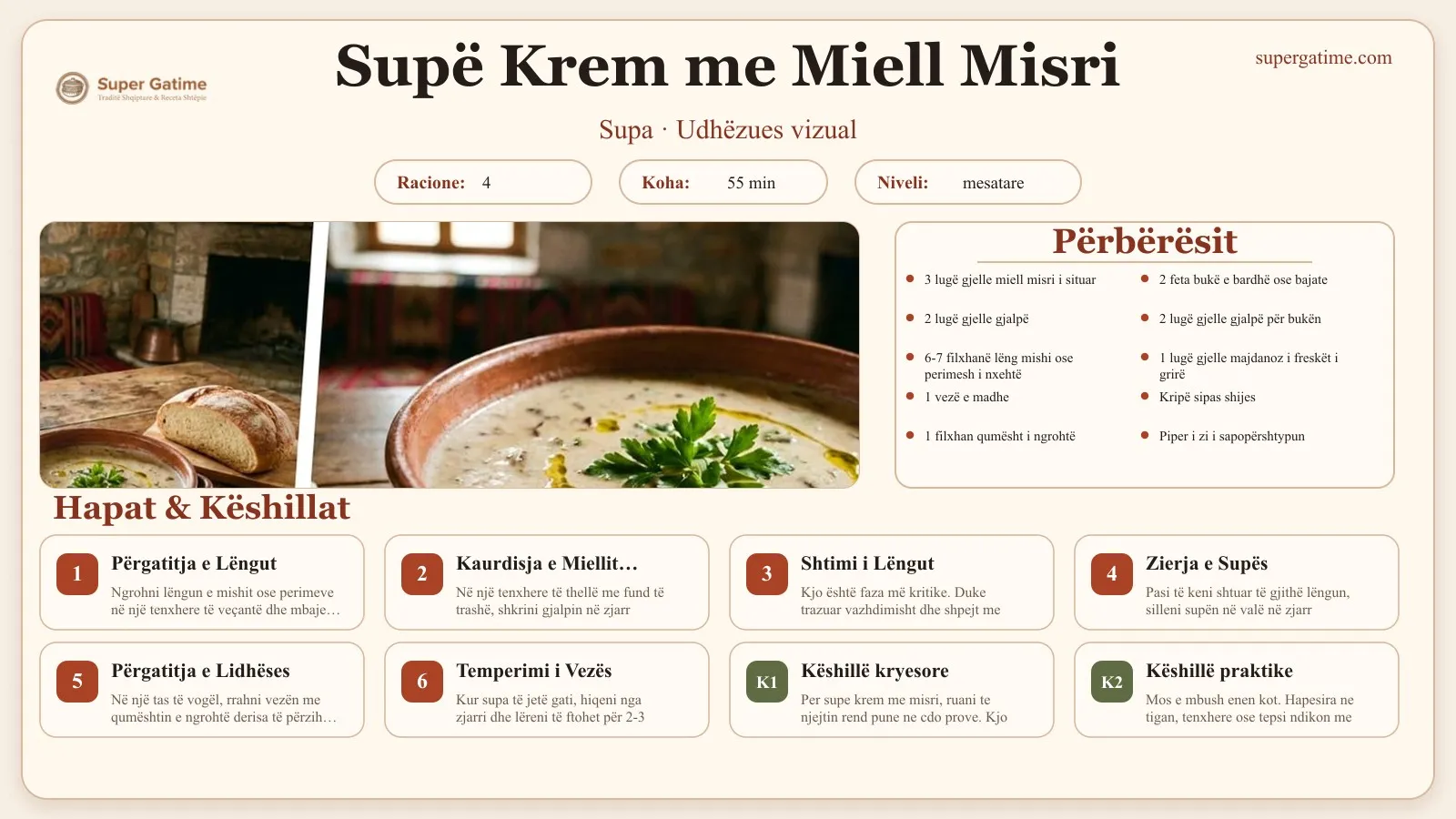 Udhëzues vizual për recetën Supë Krem me Miell Misri: përbërësit, hapat dhe këshilla kryesore.