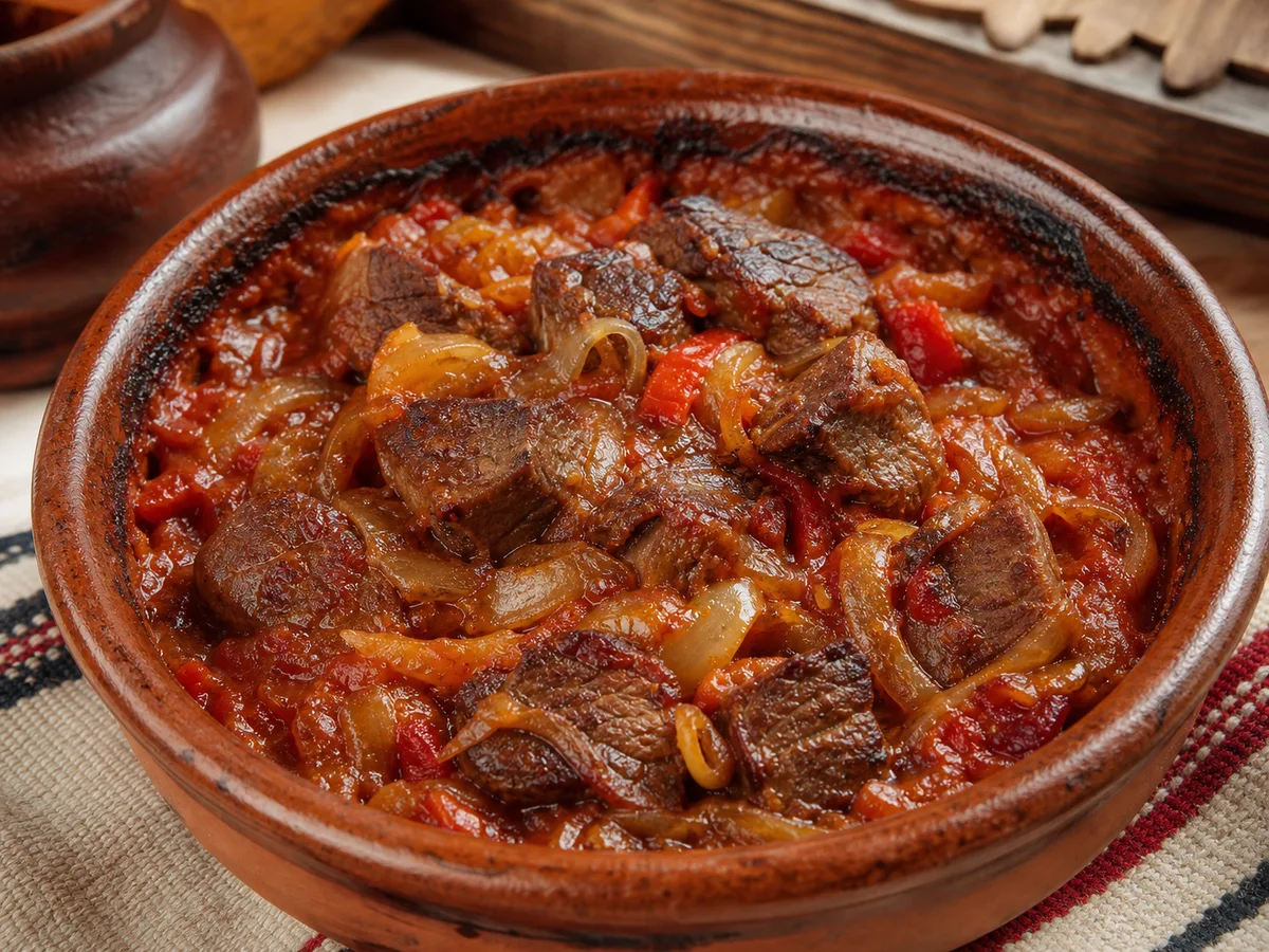 Tavë Baltë me Mish Viçi, Qepë dhe Domate - Recetë tradicionale shqiptare