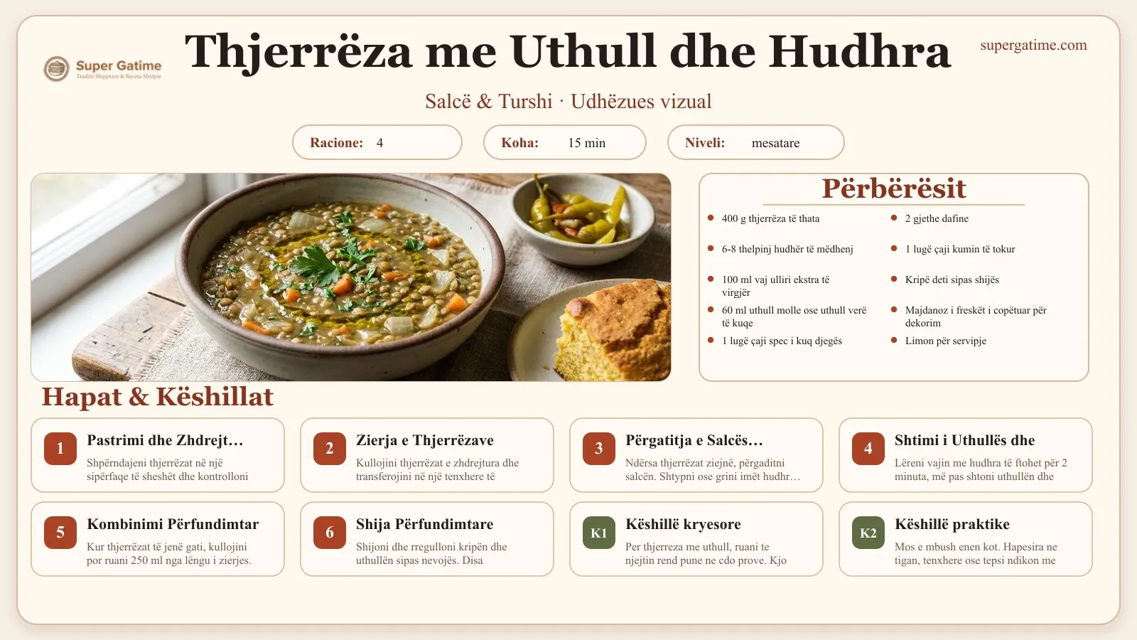 Udhëzues vizual për recetën Thjerrëza me Uthull dhe Hudhra: përbërësit, hapat dhe këshilla kryesore.