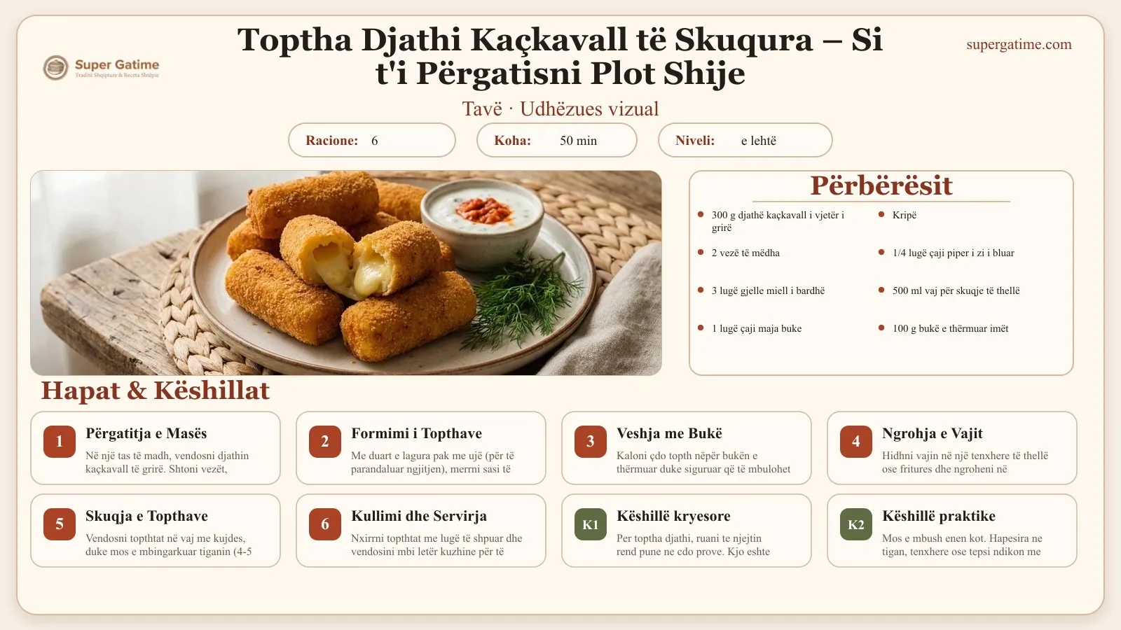 Udhëzues vizual për recetën Toptha Djathi Kaçkavall të Skuqura – Si t'i Përgatisni Plot Shije: përbërësit, hapat dhe këshilla kryesore.