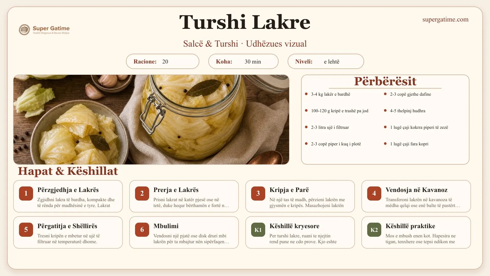 Udhëzues vizual për recetën Turshi Lakre: përbërësit, hapat dhe këshilla kryesore.