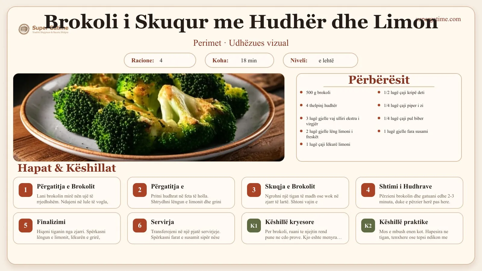 Udhëzues vizual për recetën Brokoli i Skuqur me Hudhër dhe Limon: përbërësit, hapat dhe këshilla kryesore.